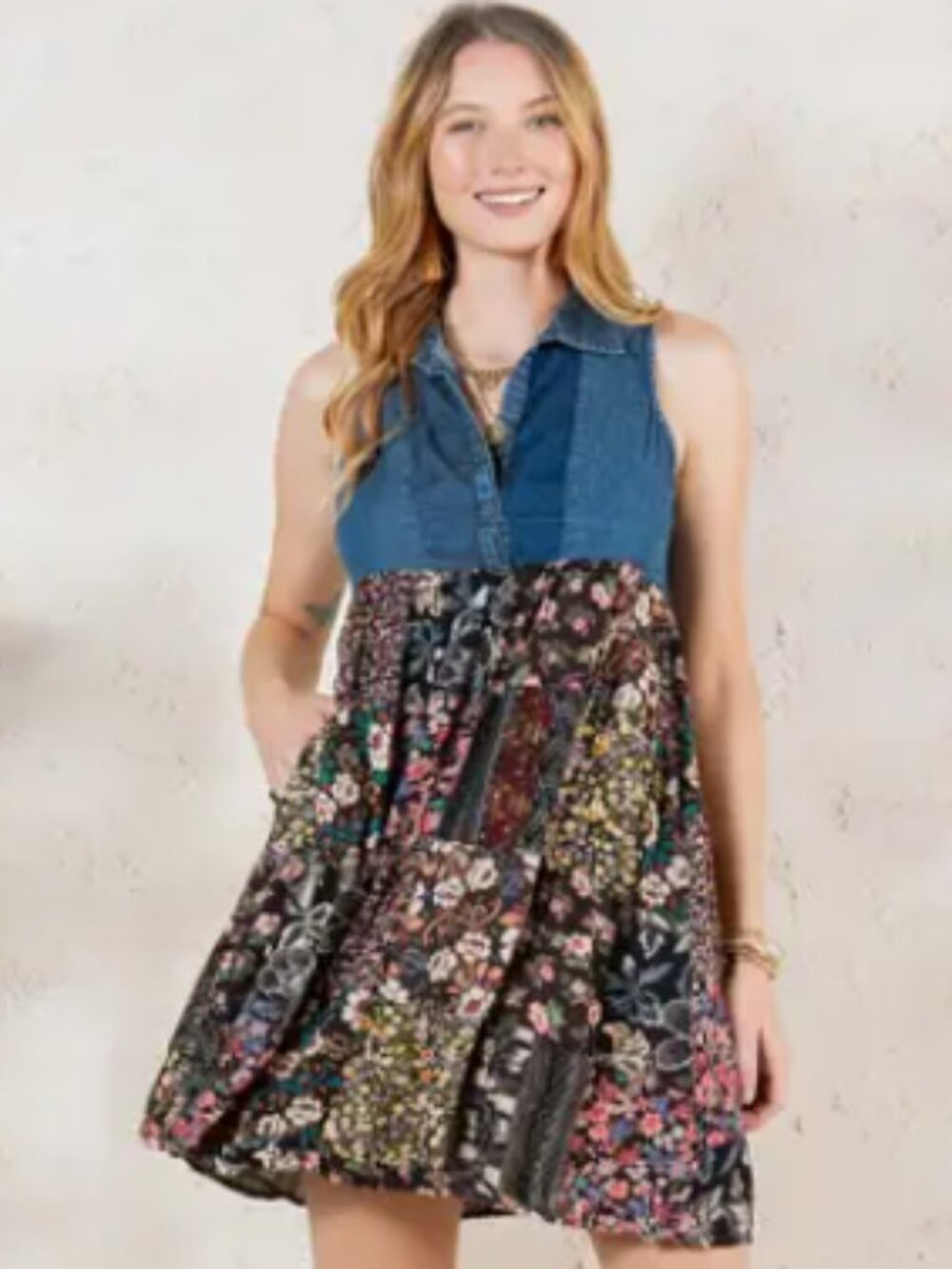Young Threads Denim and floral mini dress with pockets